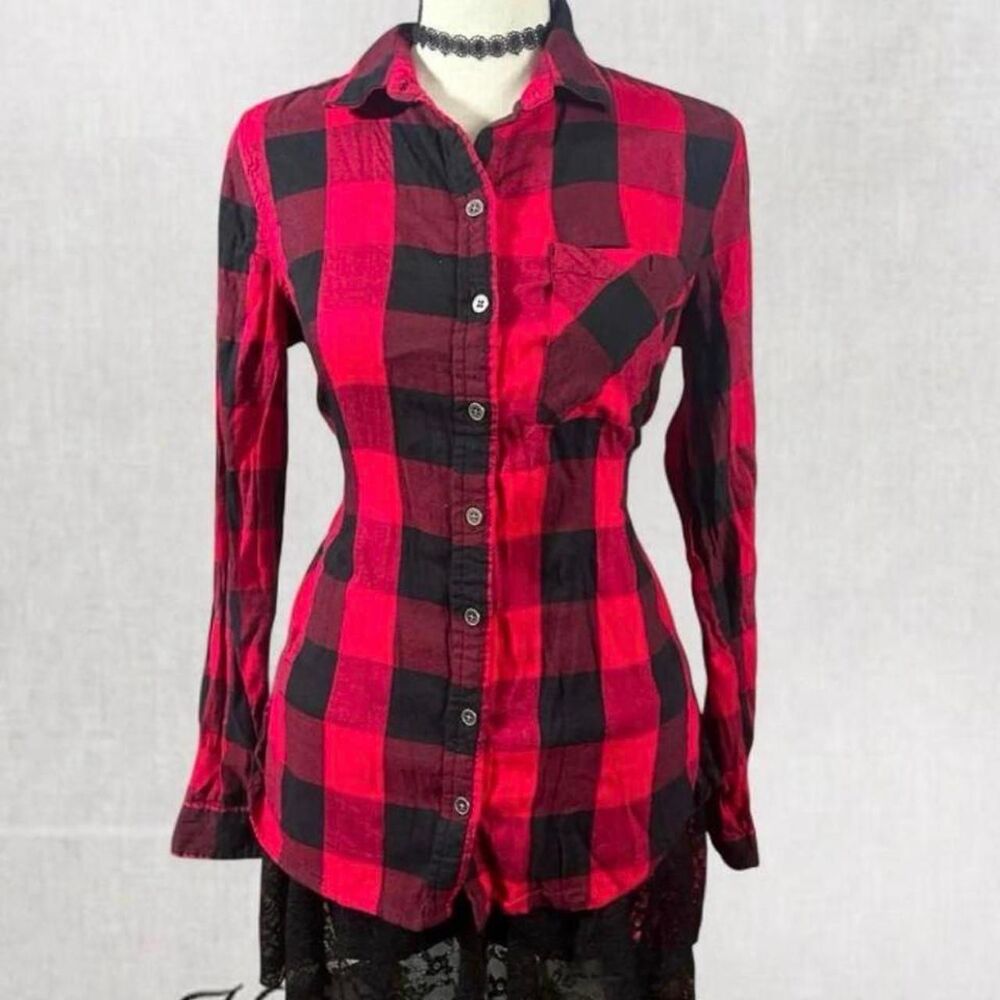 Goth Alt Style Plaid Red and Black Long Sleeve Button Up Top